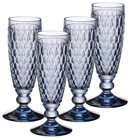 Villeroy & Boch Boston Coloured Champagne Glasses Blue Set of 4, 145 ml, Coloured Champagne Flutes with Facet Pattern, Crystal Glass for Champagne and Sparkling Wine, Dishwasher Safe, Blue