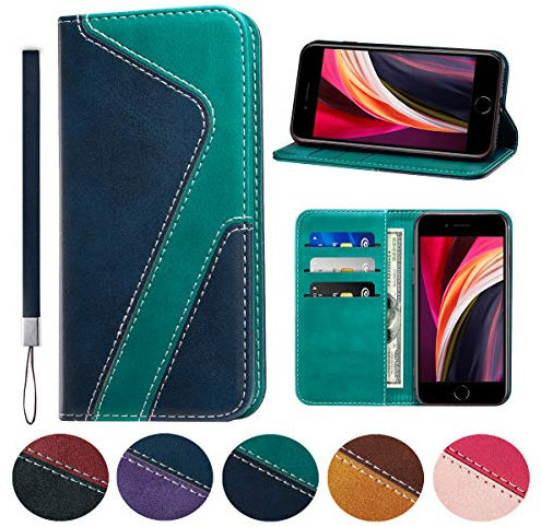 Huping iPhone 7/8/SE 2020 Case, Leather Color Contrast Style Wallet Case with Card Holder Shockproof Flip Stand Cover For iPhone 7/8/SE 2020 - Dark blue + mint green