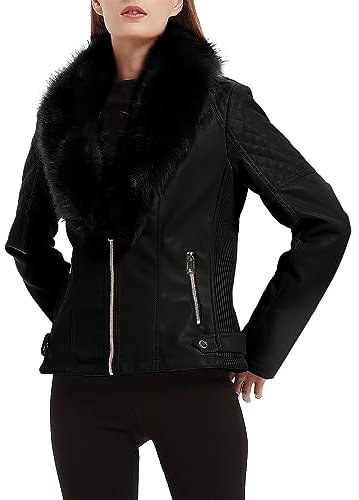 Giolshon Giubbotto da Donna in Ecopelle, Cappotto Moto Corto Invernale con Collo in Pelliccia Staccabile 9201 Nero XL