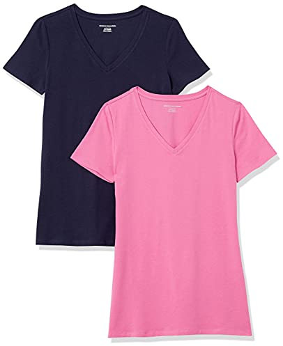 Amazon Essentials T-Shirt Col en V, à Manches Courtes, Coupe Standard Femme, Lot de 2, Rose/Bleu Marine, XL