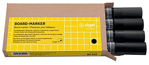 SIGEL BA012 Board-Marker - trocken und feucht abwischbar - schwarz - Rundspitze 2-3 mm - 4 Stück - für Glas-Magnettafeln, Whiteboards und Flipcharts