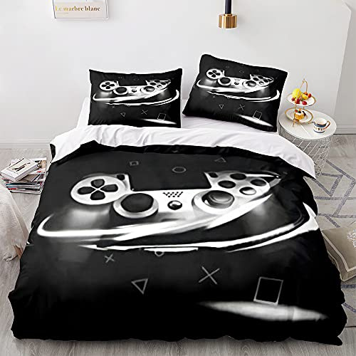 Gamepad-Bettwäsche-Set für Jungen Männer Videospiele Bettbezug für Teenager Kinder Spielzimmer Dekoration Schwarz Klassischer Retro-Gaming-Bezug mit Controller-Knopf (Grau,140 x 200 cm)