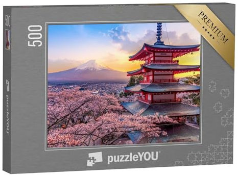 puzzleYOU: Puzzle 500 Teile „Kirschblüte am Berg Fuji und die Chureito-Pagode bei Sonnenuntergang, Japan“ – aus der Puzzle-Kollektion Japan