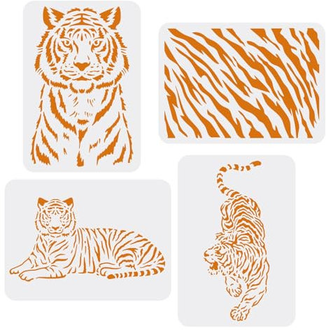 FINGERINSPIRE 4 Stück Tiger Schablonen zum Malen 29,7x21cm Tigerhautmuster Zeichenschablonen wiederverwendbar DIY Kunsthandwerk Malvorlage Kreideschilder Schablonen für Holz, Boden, Wand und Stoff