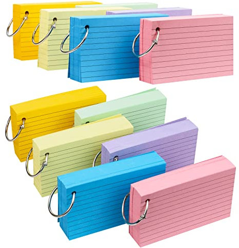 Tecmisse Karteikarten, liniert, bunte Karteikarten, 7,6 x 12,7 cm, mit Ringen, schwere Lernkarten, Notizkarten gelocht für Schule, Büro und Zuhause (6 Farben verdickt), 600 Stück