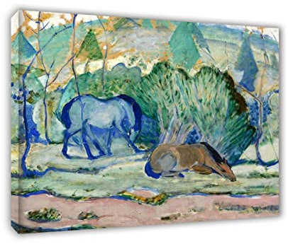Gerahmt. Franz Marc Druck auf Leinwand. Franz Marc berühmtes Wandkunst-Gemälde. Chevaux au pâturage, Reproduktion Drucke. Home Dekoration Bilder. 50 x 70 cm (19,7 x 27,6 Zoll) Innengerahmt