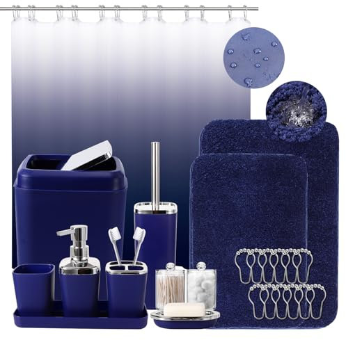 Set da bagno blu navy da 24 pezzi con tenda da doccia, tappeto e accessori, set da bagno blu completo di cestino, dispenser di sapone, portasapone, scopino per WC, portaspazzolino e tazza, vassoio,