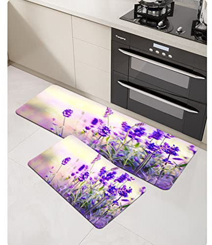 URSOPET Küchenteppich Küchenläufer Küchenmatte,Lavendel, verträumter Frühlingstag mit frischen Blumen Aromatische zarte Blumen,Dekoläufer für Küche Flur Teppich Läufer waschbar waschbare