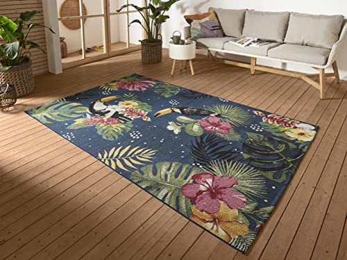 Hanse Home Tropical Dream In- & Outdoor Teppich – Flachgewebe Tropical Jungel Florales Palmen Design, ÖKO-TEX Wetterfest & UV-beständig für Balkon, Terrasse, Garten – Blau Multifarben, 200x285cm