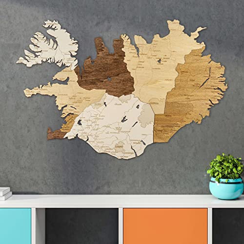 68travel Mapa de madera de Islandia (70 x 47 cm), arte de pared grande con manchas naturales, para sala de estar, estudio, oficina