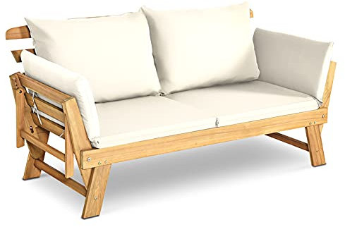GOPLUS Gartenbank Holz, Gartensofa mit Liegefunktion, 2-3 Sitzer Holzbank mit klappbaren Seitenlehnen, inkl. Auflage, Balkonbank, Sitzbank Outdoor für Garten, Terrasse, Balkon, 157 x 75 x 75cm (Weiß)