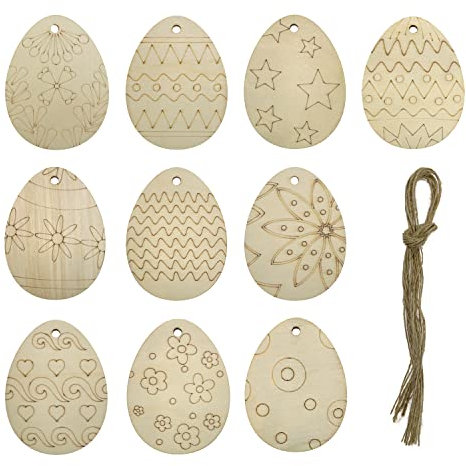 Oblique Unique® Holz Ostereier Anhänger 10er Set Osterei Hängedeko für Osterstrauß Deko Dekoration aus Echtholz für Ostern oder zum Basteln