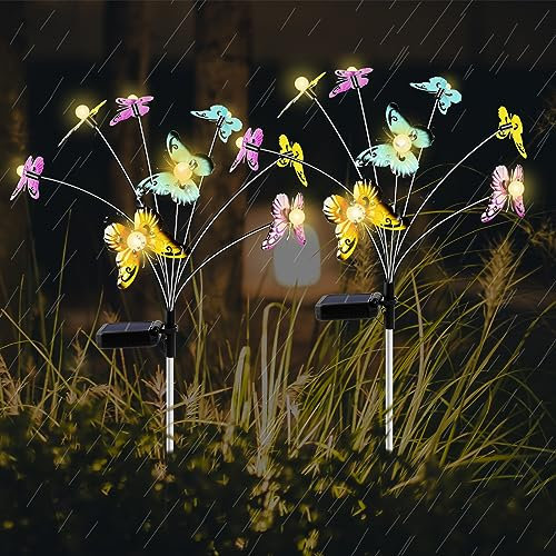 KUWUNG Swaying Schmetterling Garten Lichter, 4 Stück 8 LEDs Schmetterlingsstil Solar Glühwürmchen Lichter IP65 Wasserdicht Firefly Light Gartenstecker Solarlampen für Außen Büsche Rasen Hinterhöfe