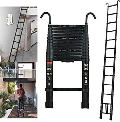 Telescopic Ladder Extension Ladder 12FT Aluminum Telescopic Extendable Ladder with 2.8 Ladder Roof Hooks, Roof Ladder, Multi-Purpose Collapsible Ladder for Outdoor Working, 330 Lb Capacity, EN131