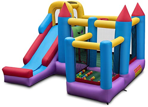 COSTWAY Hüpfburg mit Langer Rutsche, Sprungbereich, Kletterwand, Basketballkorb und Spielbällen, Indoor- & Outdoor Hüpfburg für Kinder, 325 x 323 x 230 cm