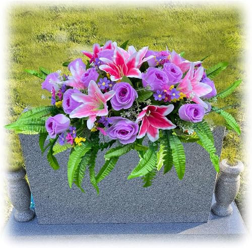 GRPFS Friedhofssättel für Grabsteine, künstliche Friedhofsblumen für Grab-rosa und violette Blumenarrangements, Outdoor-Grabdekorationen für Friedhof, groß und echt aussehend