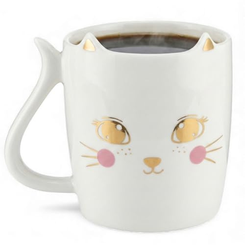 MIJOMA Tazza da caffè con orecchie di gatto, tazza da tè, tazza da caffè con manico per gli amanti dei gatti, 350 ml, altezza 9,5 cm, diametro 9 cm, viso di gatto e scritta (Kitty Inside)