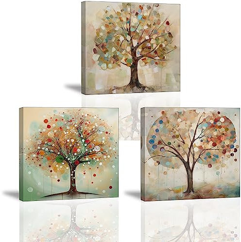 PIY PAINTING 3X Quadri Moderni Albero Geometrico Astratto Stampa su tela Dipinto su tela Pianta Tela Stampata Incorniciato per Soggiorno, Cucina, camera da letto, Per i regali di anniversario 30x30cm