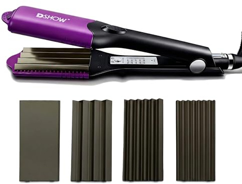 DSHOW 4-in-1 Hair Crimper for Women Crimping Iron for Hair with 8/6/4 Tooth Flat Interchangeable Plates, Titanium Ceramic Coated Tool for Root Lift, 80s Zigzag Texture, 5 Heat 140-220℃, Dual Voltage