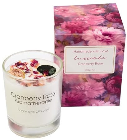 Lucciole-Cranberry Rose, Große Duftkerze im Glas, Handgefertigt mit Kristallen und getrockneten Blüten verziert, 40h Brenndauer, 200g natürlicher Sojawachs, Aromatherapie