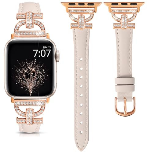 TOYOUTHS Leather Strap Compatible with Apple Watch Straps 41mm 40mm 38mm 42mm Women Slim Band D-Shaped Metal Buckle Rhinestones Luxury Bracelet for iWatch 10/9/8/7/SE/6/5/4/3/2/1, Starlight/Rose Gold