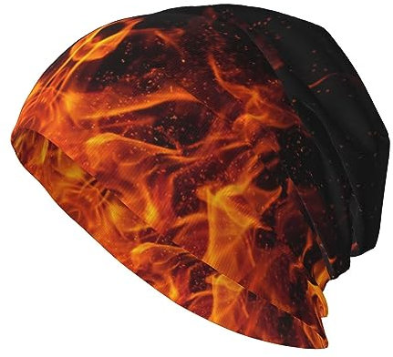 ANNCED Beanie-Mütze, Strickmütze für Herren und Damen, dünn, warm, gestrickt, lässig, Krebsmütze, Skimütze, Winter, warm, Hip-Hop, weiche Totenkopfkappe, Feuer Flamme Brennen gelb schwarz,