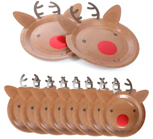 Sparkles Partyware Christmas Plates Reindeer Pack of 50 Brown Plates with Attachable Antlers - Fun Xmas Party Table Decoration Tableware Kids Childs Events