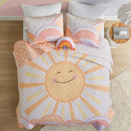 Intelligent Design Kids Twin Quilt Bedding Set, Cotton Coverlet Sun Girls Bedding Set Rainbow & Clouds Reversible Dawn Light & Breathable Sham Throw Pillow Twin Yellow/Coral 3 Piece