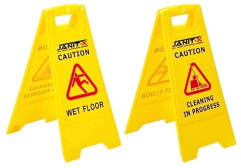 Janit-X Caution Wet Floor & Cleaning In Progress Yellow Warning A-Frame 63cm x 30cm (2 PACK)