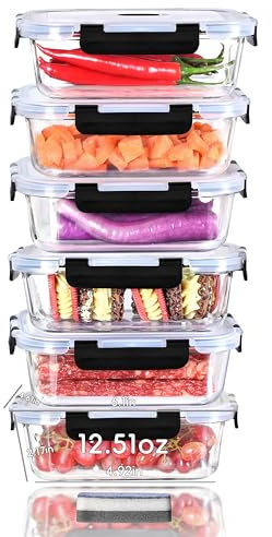 IUGHN Glass Food Containers with Lids Set of 6, Small Meal Prep Containers Glass, Leak-proof Glass Containers with Lids, 370ml Airtight Storage Container, BPA Free & Leak Proof (6 Lids & 6 Containers)
