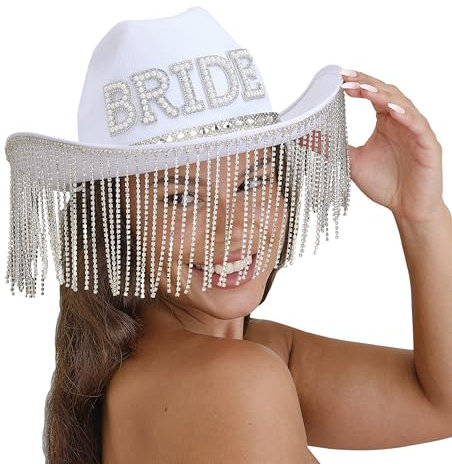 Ginger Ray Sombrero de Vaquero Blanco Adornado con Perlas de imitación con Borde de borlas, para Despedida de Soltera
