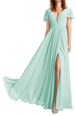 Vestido de dama de honor con cuello en V para mujer, para boda, manga corta, gasa, noche, graduación, vestido largo con limo, verde menta, 42