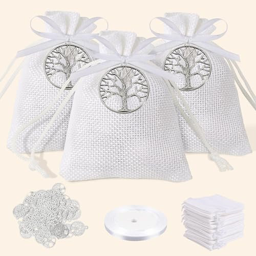 24 Sachet Jute Blanc Petite Pochette et 24 Pendentifs Arbre de Vie Métal Colliers et Ruban Blanc Sac Bonbons Bijoux Faveur Décoration pour Communion Baptême Mariage