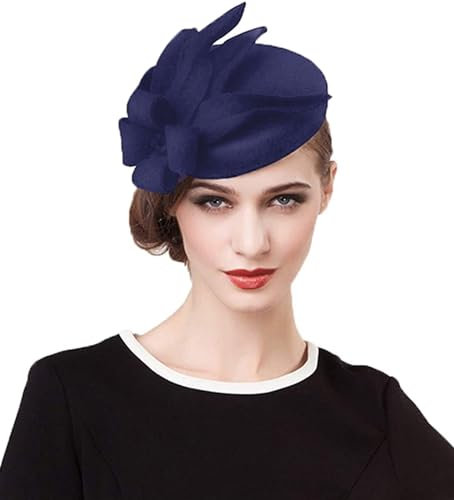RZTA Damen Vintage 100% Wollfilz Glocke Eimer Bowler Hut Winter Vintage Schleife Fedoras Kirche Fascinator, 10 - Marineblau, Einheitsgröße
