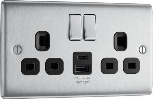 BG Electrical Double Switched Power Wall Plug Socket with Type A and Type C USB Charging Ports, Nexus Metal, Brushed Steel, Black Inserts, 13A, 12W, NBS22UAC12B