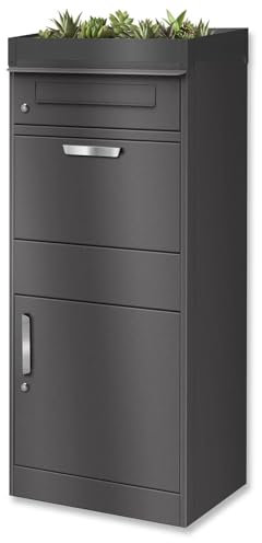 Metzler Paketbox mit Pflanzdach, Postbox rostfrei & massiv Paketbriefkasten XXL, Standbriefkasten modern in DB 703 Eisenglimmer, kontaktlose Zustellung, witterungsbeständig Modell Bispo
