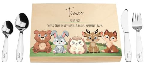 LAUBLUST Couverts pour enfants gravés - Coutellerie dans boîte en bois imprimé, naturelle - Couverts avec prénom | Cadeau de baptême pour enfants | Couverts de table en inox (Animaux de la Forêt)