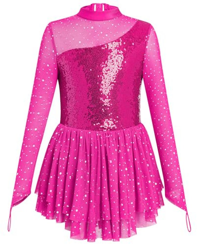 Odizli Vestito da danza classica da bambina, a maniche lunghe, con paillette, con paillette, per danza e pattinaggio artistico, rosso rose, 11-12 Anni