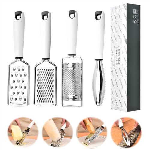 Cheese Grater, Lemon Zester, 4 Pieces, for all kinds of Cheese, Lemons, Chocolate, Fruits and Vegetables, Fish Scale Remover, Multi-Purpose Grater Set, Made of 304 Stainless Steel, kitchen gadgets
