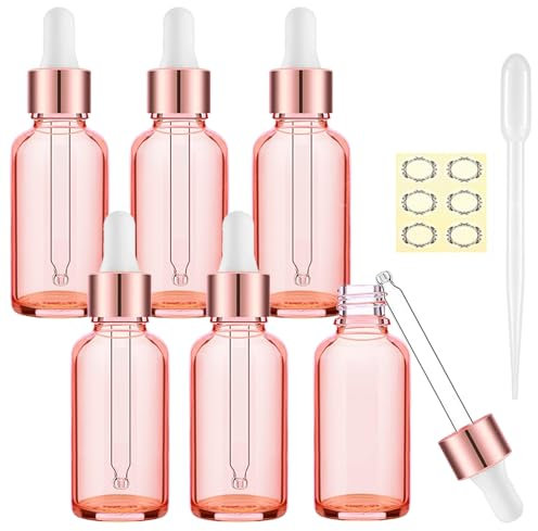 Alledomain 6Pcs, 15Ml Rose Gold Glass Bottles with Dropper Pipettes, Empty Eye Dropper Bottles Rose Golden Cap Refillable Sample Container for Essential Oils/Massage Oils/Body Oil/Chemical Liquid