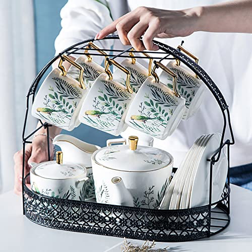 Aioneer Juego De Té para Adultos, Juego De Té Inglés Vintage De Porcelana De 15 Piezas, Juego De Taza De Café Y Platillo con Soporte De Metal, Tetera con Diseño De Loro Y Plantas Verdes
