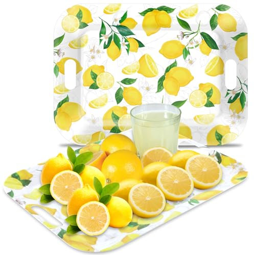 gisgfim 2Pcs Lemon Serving Trays with Handles 16 x 11 Inch Large Melamine Tray Rectangular Yellow Lemon Serving Platter Spring Tray Melamine Dishes for Serving Food Outdoor Dinner Dessert Plates Party
