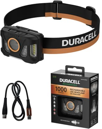 Duracell DH1000R Core LED Headlamp - 1000 Lumens, Focusable, 50 m Beam Range, Red Light Function, USB-C Rechargeable, Lithium Battery, Various Light Modes, Ergonomic, Splash-Proof