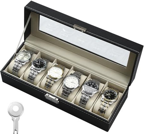 Caja Relojes con 6 Compartimentos, caja de relojes cubierta de vidrio, hecha de terciopelo, adecuada para almacenar relojes, joyas, etc,el mejor regalo para hombres y mujeres