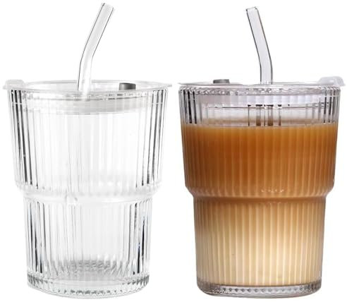 Penbinmall Lot de 2 gobelets en verre hermétiques et étanches - Avec couvercle et paille - 400 ml - Pour cappuccino, latte, thé, glace, thé glacé, lait et jus