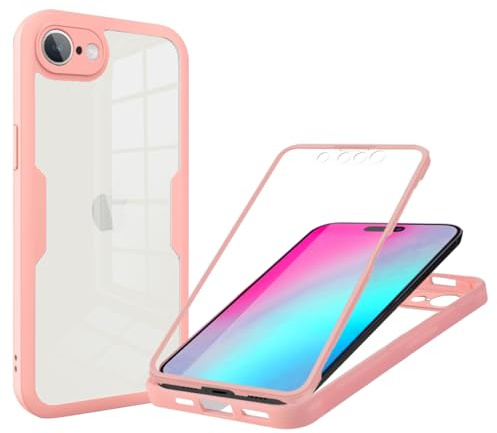 Skyhewen iPhone 16e Case, iPhone 17e Case Built-in Screen Protector, 360°Full Body Military Grade Drop Protection Transparent Silicone Rugged Bumper Cover Clear Phone Case for iPhone 16e/ 17e, Pink