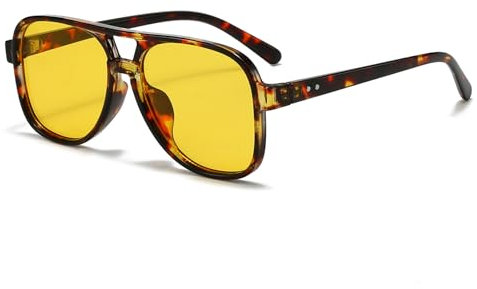 Long Keeper Retro Pilot Sunglasses for Women Men Vintage Aviation 70s Sunglasses Oversized Square Double Bridge Sun Glasses UV400 Protection (Leopard Frame - Yellow Lens)