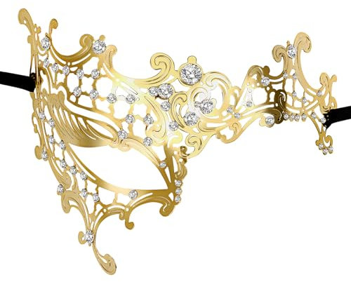Flongo Kristall Maskerade Maske für Damen: Goldene Venezianische Halbmaske mit Strass Einauge Metall Hohlmaske für Fasching Karneval Party Hochzeit Glamouröses Kostüm Accessoire