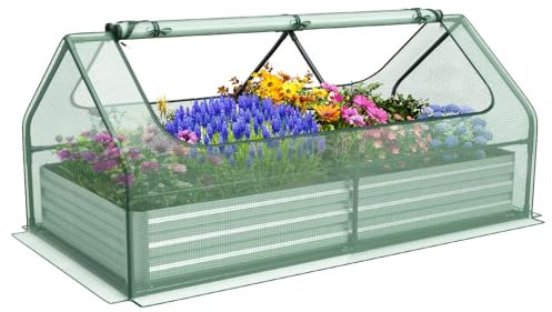 COSTWAY Raised Garden Bed with Greenhouse, Outdoor Elevated Planter Box with PVC/PE Cover & Dual 2-Tier Roll-Up Windows, Steel Mini Growhouse for Patio (PE Cover, Silver+Green, 180 x 90 x 91cm)