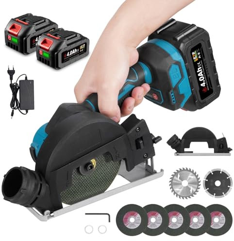 ONEVAN Meuleuse d'angle électrique de 4 pouces avec moteur sans balais et deux batteries de 4 mAh, puissance 900 W, vitesse 12 000 tr/min, livrée avec 7 lames de scie